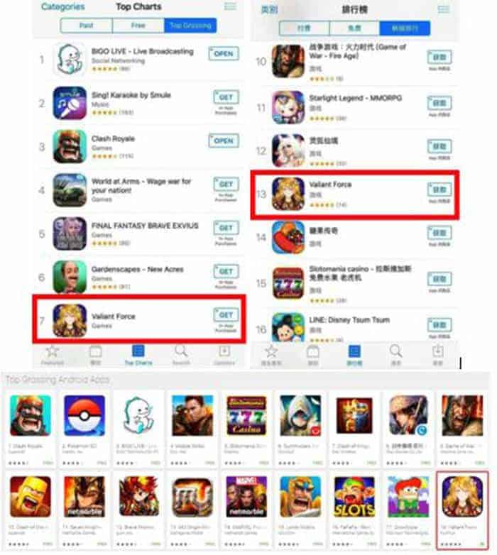 valiant force top grossing android ios